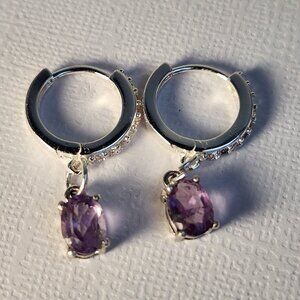 NIB All 925 Sterling Silver Rose De France Amethyst Drop Hoop Leverback Earrings